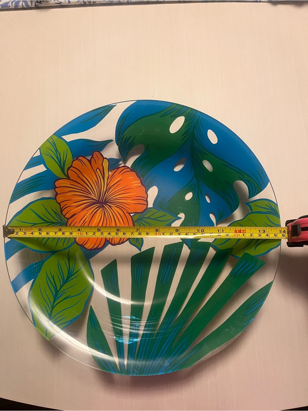 Tropical Hibiscus Decorative Shallow Bowl- Orange & Green - Picture 2 of 3